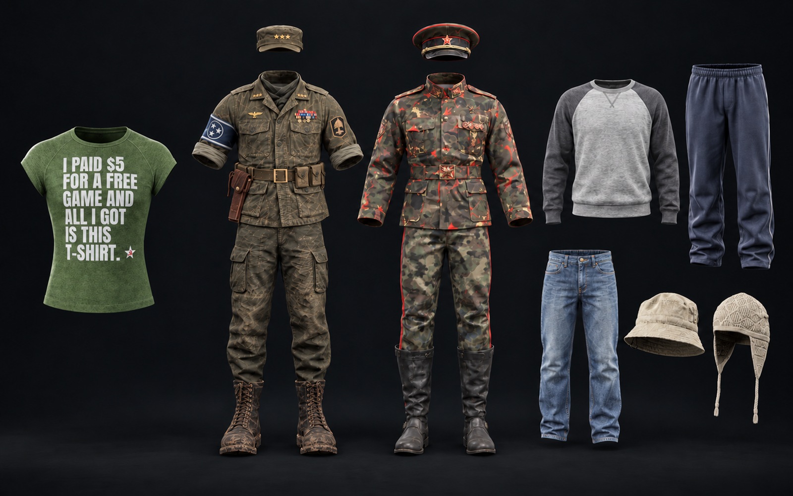 Everything in Supporter laid out: the supporter tee, the Homegrowns General uniform, the USSA General uniform and the five Civilian Pack pieces