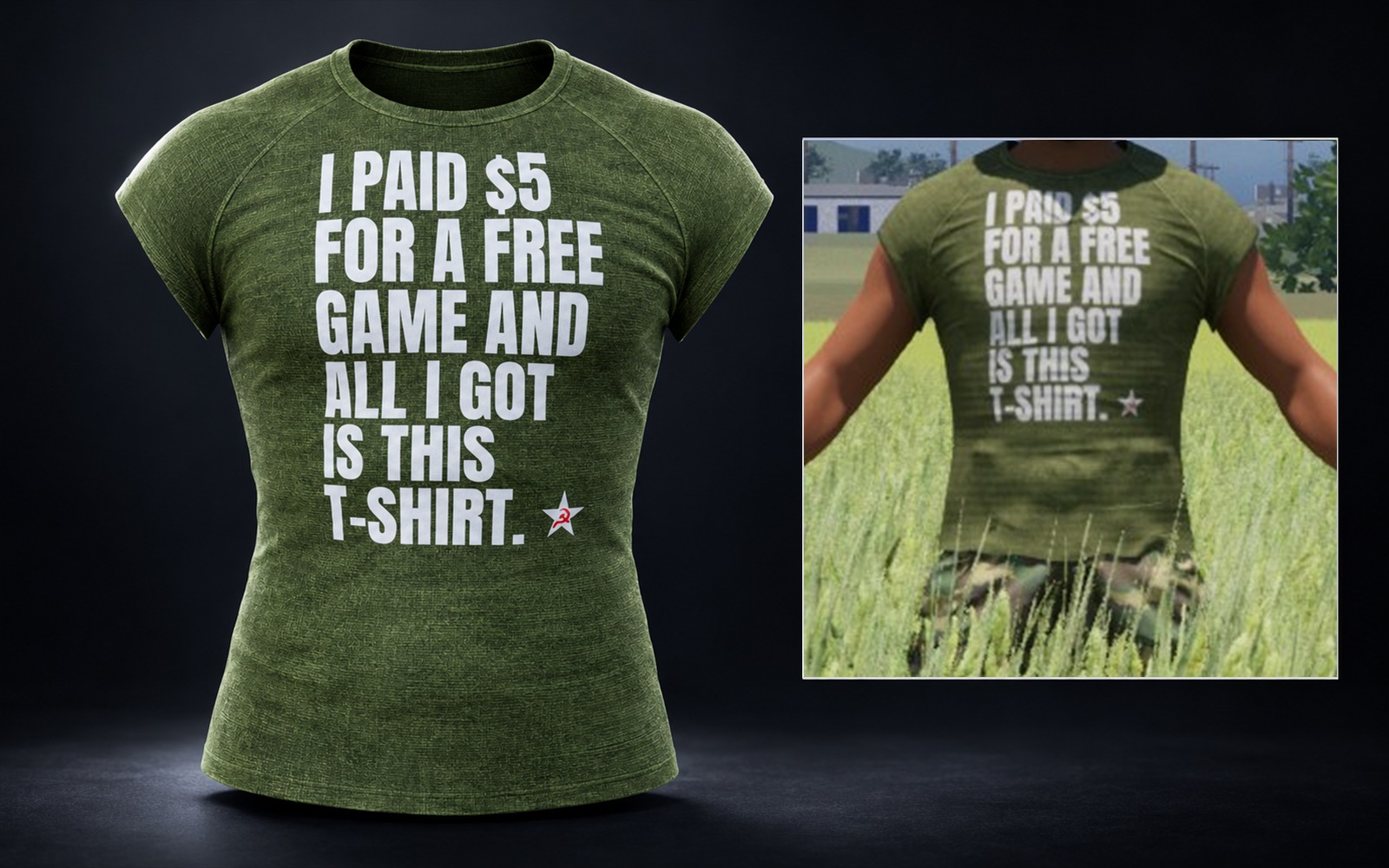 The green supporter tee printed I paid $5 for a free game and all I got is this t-shirt, shown flat and worn in game